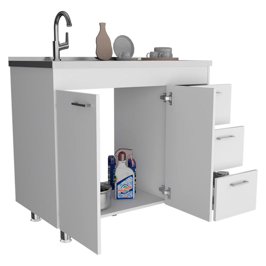 Ferretti Utility Sink Base Cabinet with Stainless Steel Countertop, Three Storage Drawers, Double-Door Cabinet and Integrated Faucet Opening for Modern Kitchen Organization, Prep Convenience and Functional Home Utility