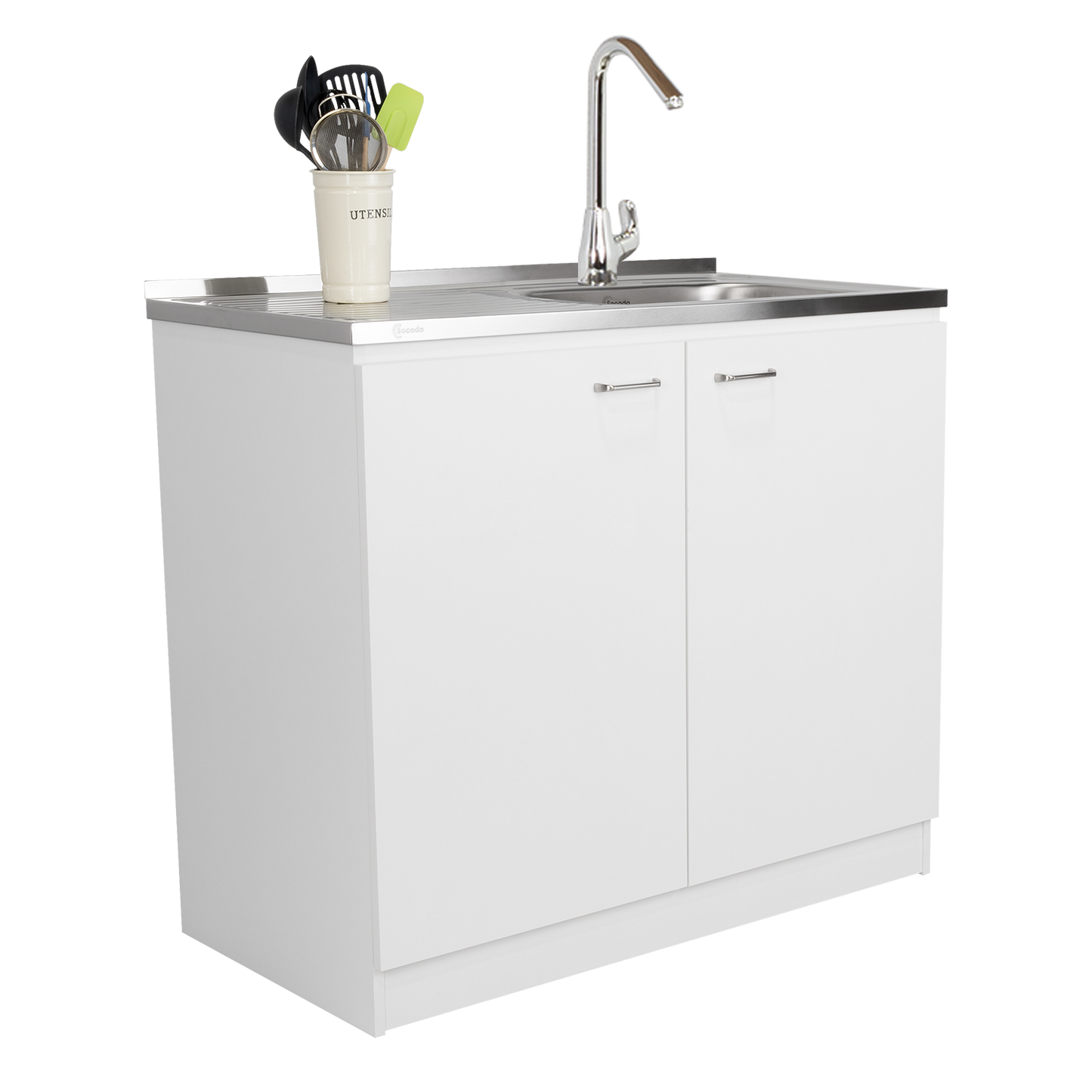 TUHOME Napoles Utility Sink Cabinet with Integrated Steel Sink, Double Door Storage, Interior Shelf and Durable Aluminum Countertop Offering Practical Organization and Functional Workspace for Modern Home Kitchens