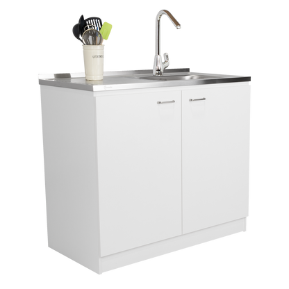 TUHOME Napoles Utility Sink Cabinet with Integrated Steel Sink, Double Door Storage, Interior Shelf and Durable Aluminum Countertop Offering Practical Organization and Functional Workspace for Modern Home Kitchens