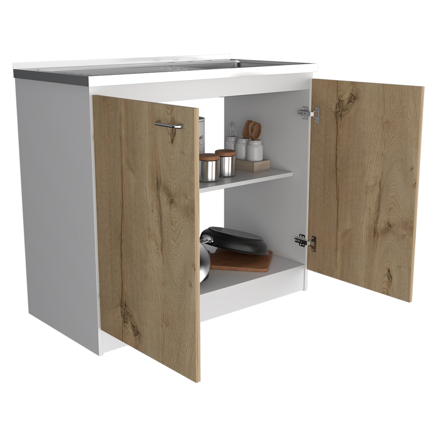 TUHOME Napoles Utility Sink Cabinet with Integrated Steel Sink, Double Door Storage, Interior Shelf and Durable Aluminum Countertop Offering Practical Organization and Functional Workspace.