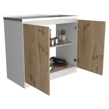 TUHOME Napoles Utility Sink Cabinet with Integrated Steel Sink, Double Door Storage, Interior Shelf and Durable Aluminum Countertop Offering Practical Organization and Functional Workspace.