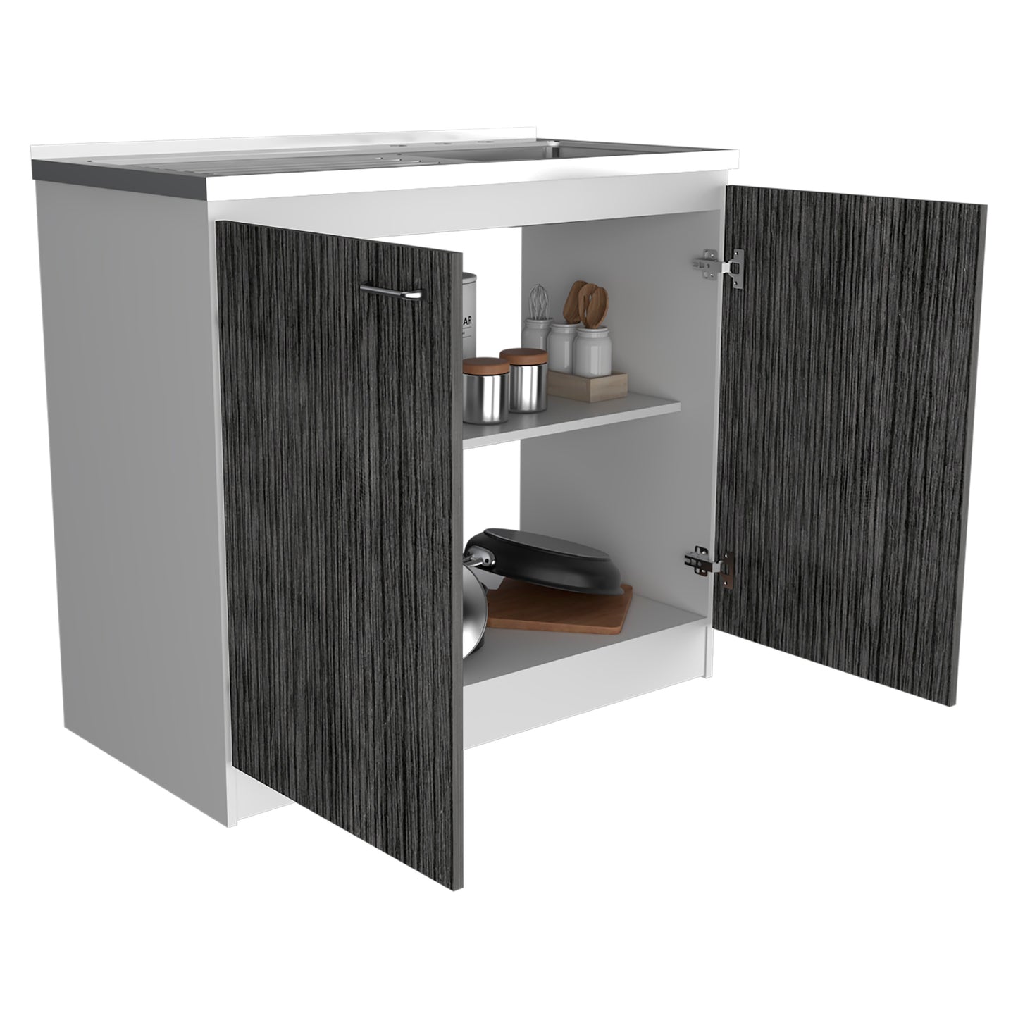 TUHOME Napoles Utility Sink Cabinet with Integrated Steel Sink, Double Door Storage, Interior Shelf and Durable Aluminum Countertop Offering Practical Organization and Functional Workspace.