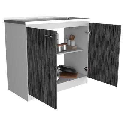 TUHOME Napoles Utility Sink Cabinet with Integrated Steel Sink, Double Door Storage, Interior Shelf and Durable Aluminum Countertop Offering Practical Organization and Functional Workspace.