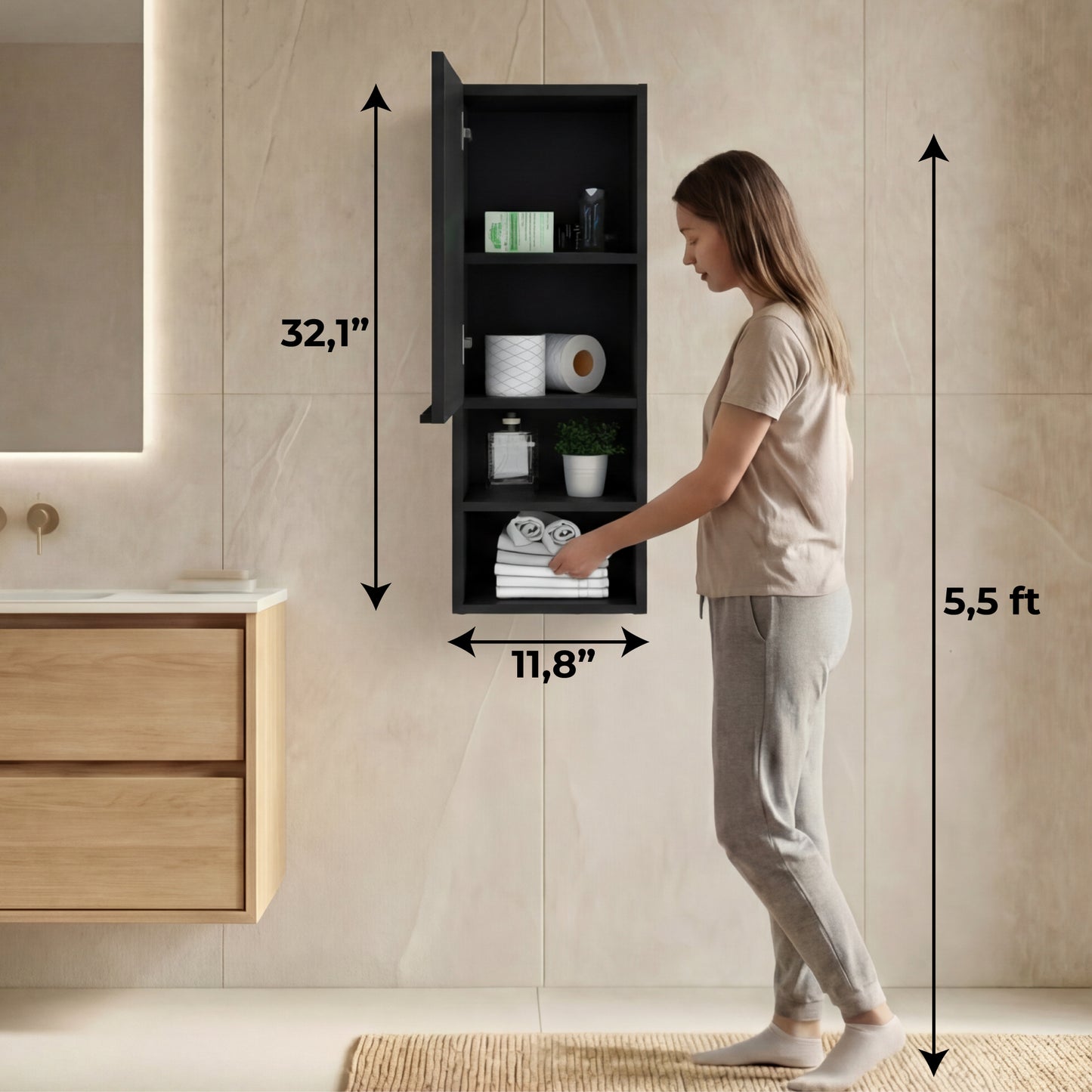 Mila Bathroom Cabinet with Single-Door Compartment, Two Interior Shelves, Dual External Open Shelves and Space-Saving Wall Design for Organized Storage, Daily Essentials Access and Modern Bathroom Convenience