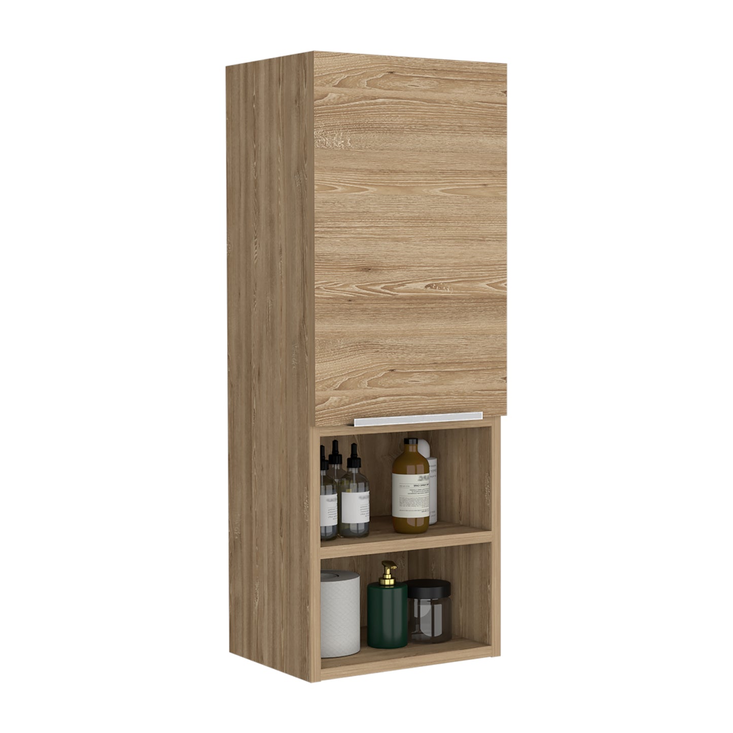 Mila Bathroom Cabinet with Single-Door Compartment, Two Interior Shelves, Dual External Open Shelves and Space-Saving Wall Design for Organized Storage, Daily Essentials Access and Modern Bathroom Convenience