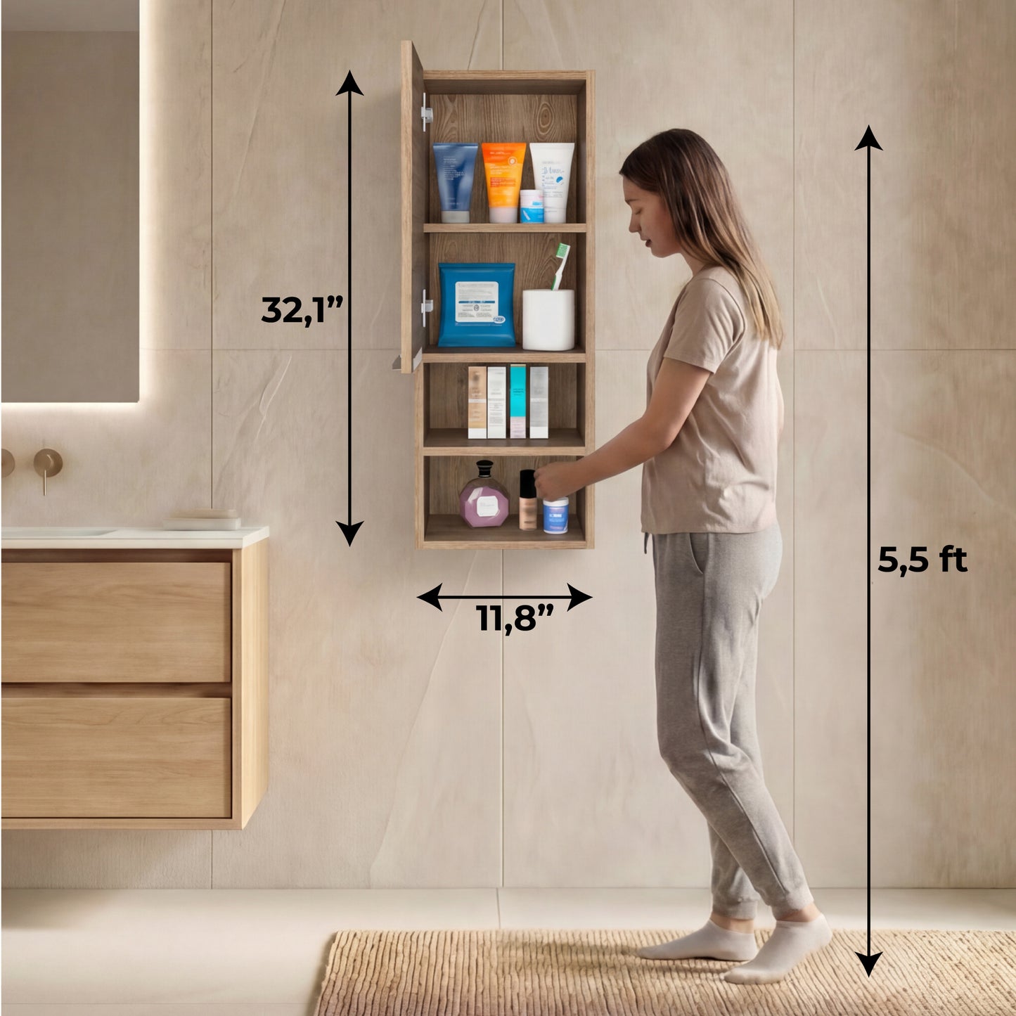 Mila Bathroom Cabinet with Single-Door Compartment, Two Interior Shelves, Dual External Open Shelves and Space-Saving Wall Design for Organized Storage, Daily Essentials Access and Modern Bathroom Convenience