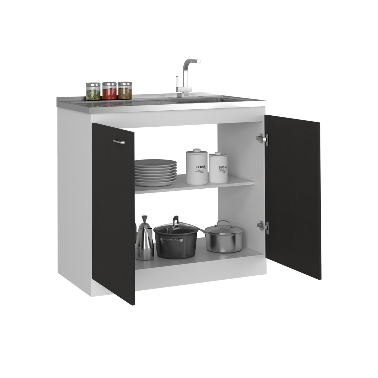 TUHOME Napoles Utility Sink Cabinet with Integrated Steel Sink, Double Door Storage, Interior Shelf and Durable Aluminum Countertop Offering Practical Organization and Functional Workspace.
