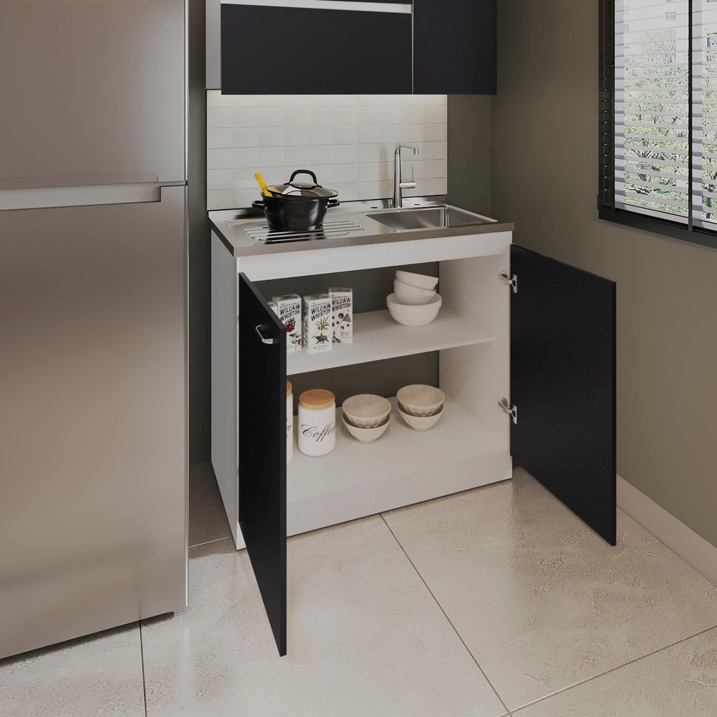 Napoles Utility Sink, Two Shelves, Double Door Cabinet
