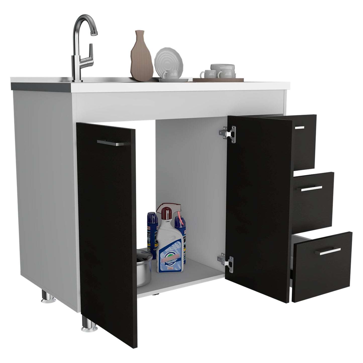 Ferretti Utility Sink Base Cabinet with Stainless Steel Countertop, Three Storage Drawers, Double-Door Cabinet and Integrated Faucet Opening for Modern Kitchen Organization, Prep Convenience and Functional Home Utility
