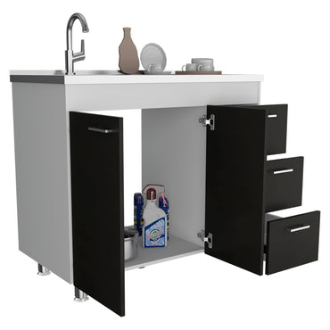 Ferretti Utility Sink Base Cabinet with Stainless Steel Countertop, Three Storage Drawers, Double-Door Cabinet and Integrated Faucet Opening for Modern Kitchen Organization, Prep Convenience and Functional Home Utility