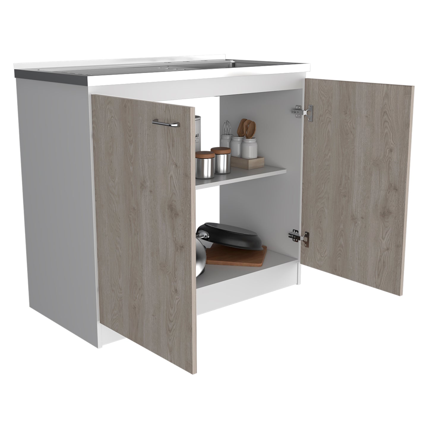 TUHOME Napoles Utility Sink Cabinet with Integrated Steel Sink, Double Door Storage, Interior Shelf and Durable Aluminum Countertop Offering Practical Organization and Functional Workspace.
