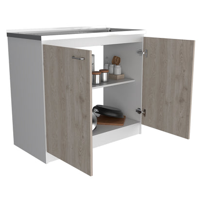 TUHOME Napoles Utility Sink Cabinet with Integrated Steel Sink, Double Door Storage, Interior Shelf and Durable Aluminum Countertop Offering Practical Organization and Functional Workspace.