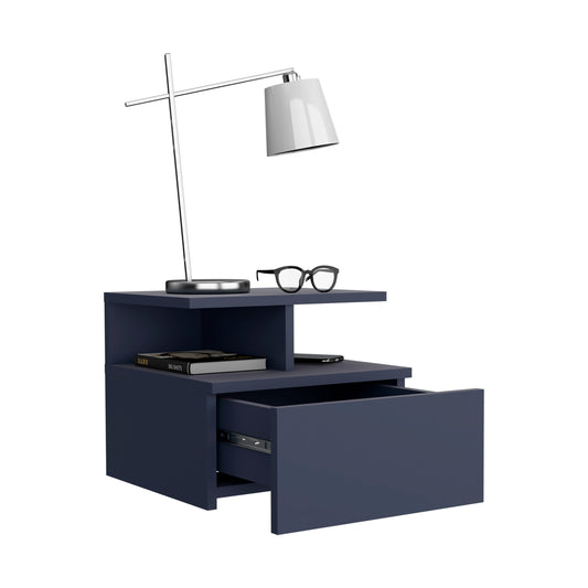 TUHOME Adele Floating Nightstand with Single Drawer and Two Lower Storage Shelves, Wall-Mounted Space-Saving Bedside Organizer for Modern Bedrooms, Compact Display and Storage Solution for Essentials and Decorative Items