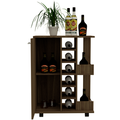 Bar Cart, Two External Shelves, Four Casters, Six Wine Cubbies, Single Door Cabinet