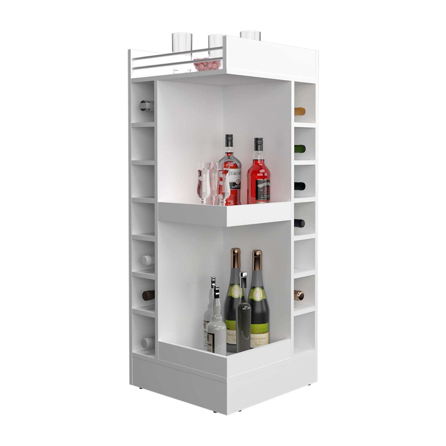 Lyman 46" Tall 3-Tier Corner Bar Cabinet with Fourteen Wine Bottle Cubbies, Living Room, Liquor Cabinet, Storage Cabinet