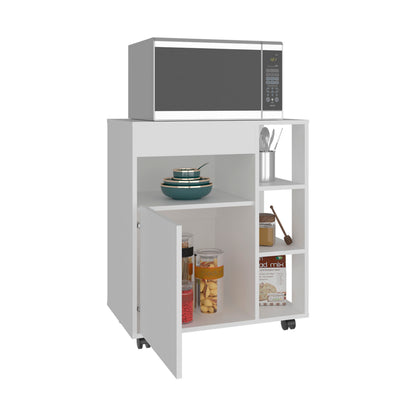 Kaito Microwave Cart and Cabinet, Freestanding Compact Sideboard with One Door Cabinet, Appliance Surface, Three Side Open Shelves and One Open Upper Shelf