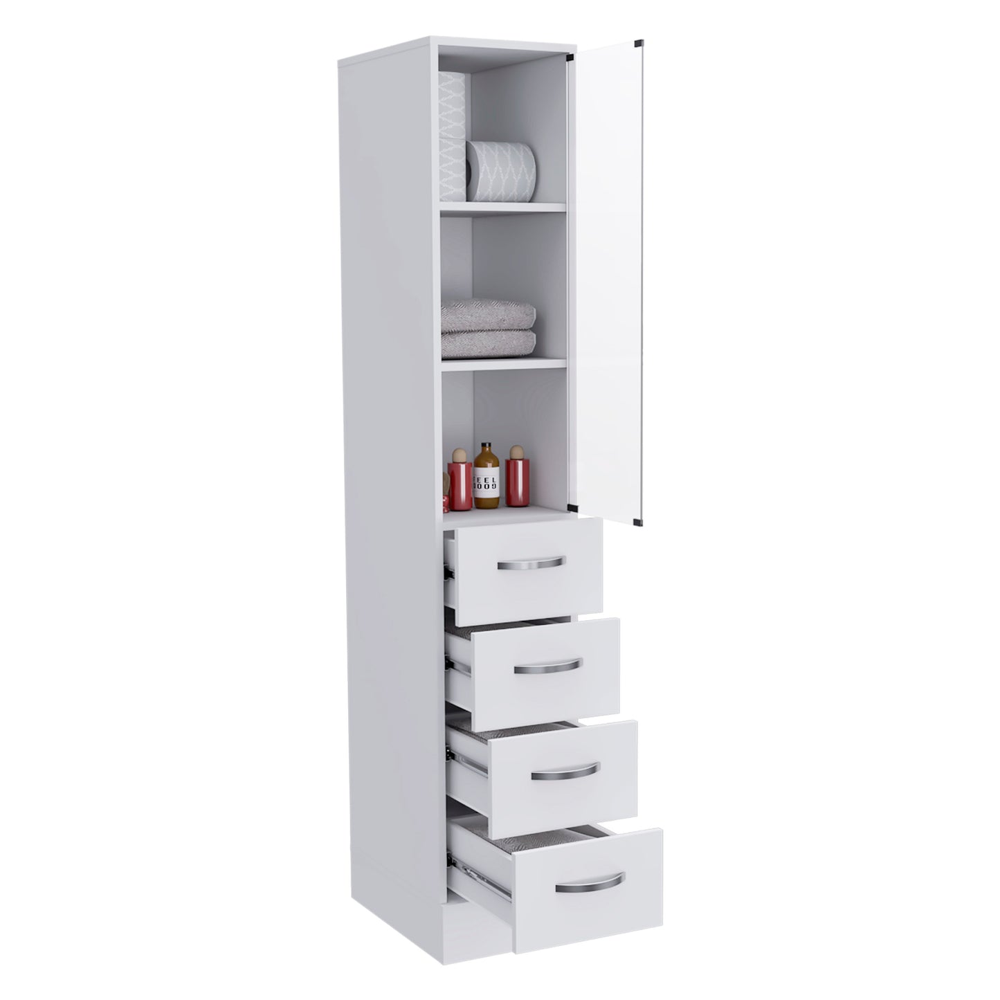 Tuhome Vanguard Linen Cabinet with Three Open Shelves, Four Spacious Drawers, Glass-Door Enclosed Storage, Modern Bathroom Organizer for Towels, Toiletries, Linens, and Everyday Essentials