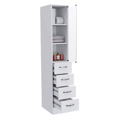 Tuhome Vanguard Linen Cabinet with Three Open Shelves, Four Spacious Drawers, Glass-Door Enclosed Storage, Modern Bathroom Organizer for Towels, Toiletries, Linens, and Everyday Essentials