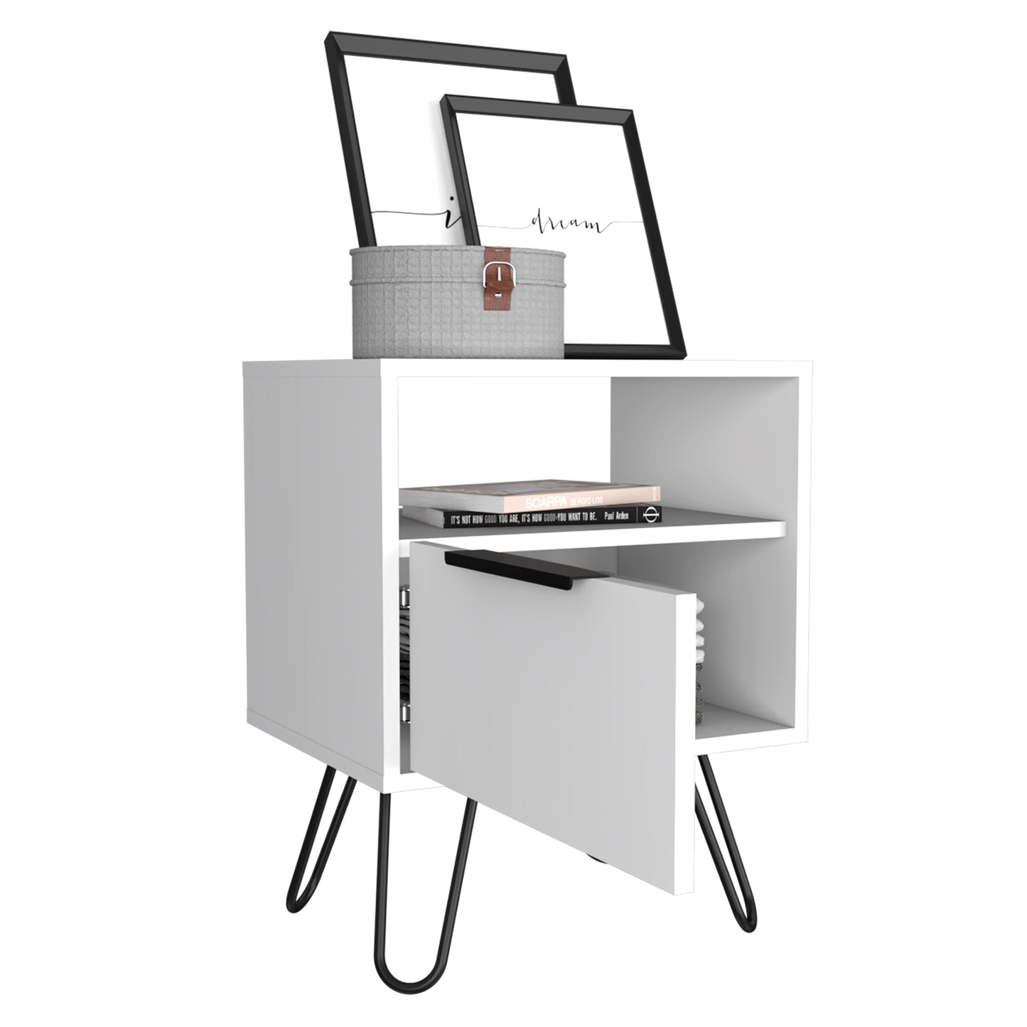 Tuhome Augusta Nightstand with Compact Modern Design, Spacious Storage Drawer and Open Shelf, Bedside Organization Solution for Small Bedrooms, Contemporary Functional Furniture to Enhance Comfort and Daily Use