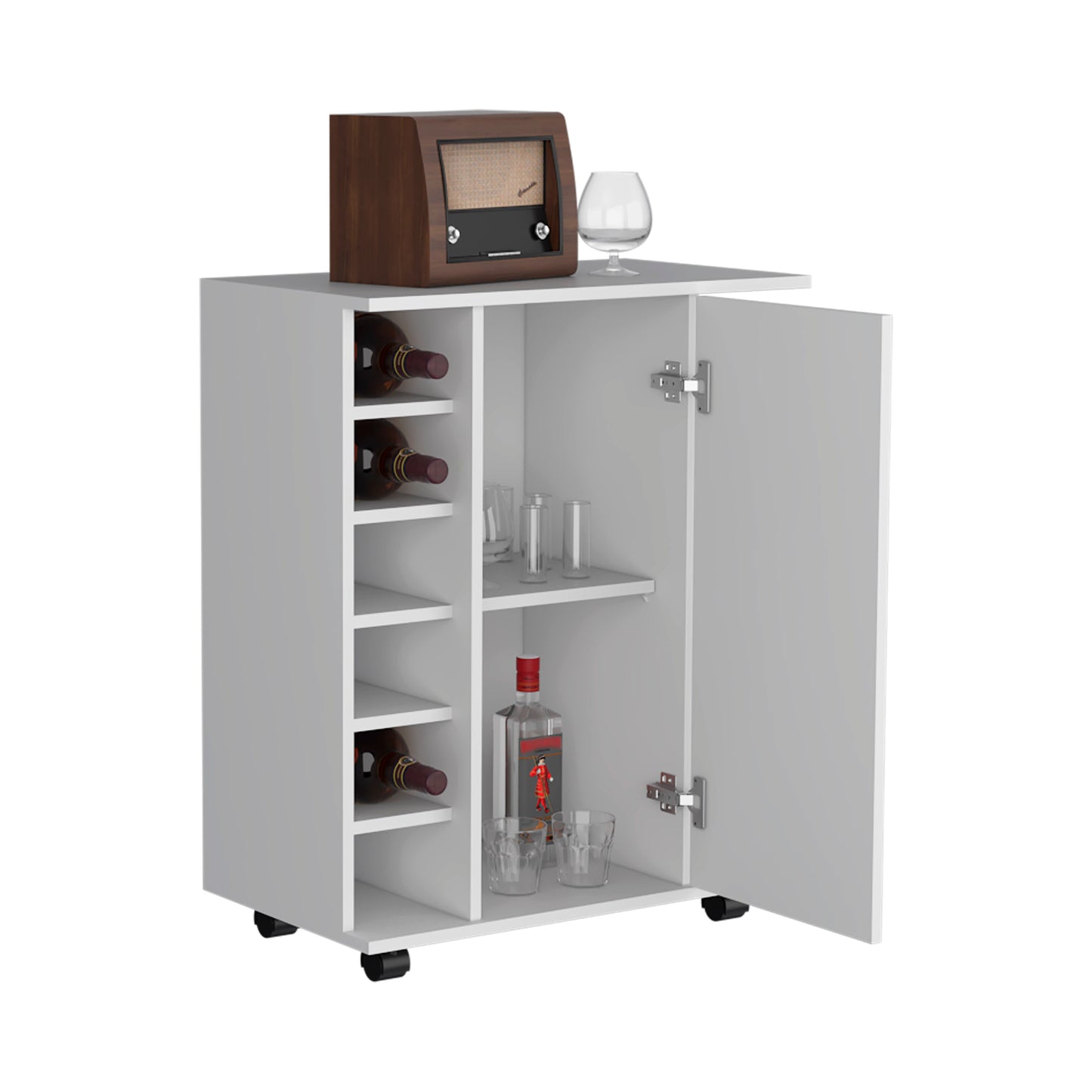 Lothian Bar Cart with Casters, 2-Side Storage Shelves and 6-Wine Bottle Rack