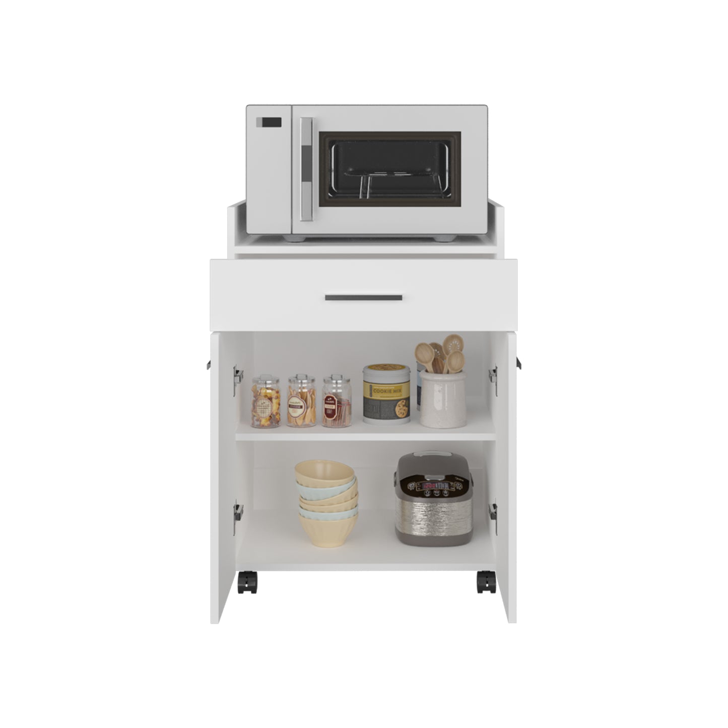 Glover Kitchen Cart With Casters, Open Shelves, Drawer And Cabinet Storage, Mobile Kitchen Island
