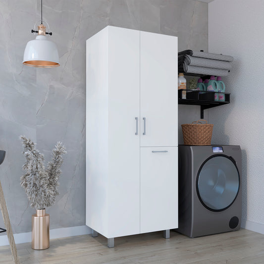 Iris 71" High Two-Door Broom Closet With Hamper , Four Shelves, Hangers, Storage Closet, Pantry Cabinet
