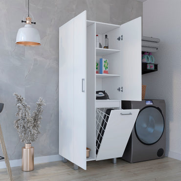 Iris 71" High Two-Door Broom Closet With Hamper , Four Shelves, Hangers, Storage Closet, Pantry Cabinet