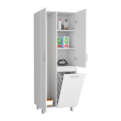 Iris 71" High Two-Door Broom Closet With Hamper , Four Shelves, Hangers, Storage Closet, Pantry Cabinet