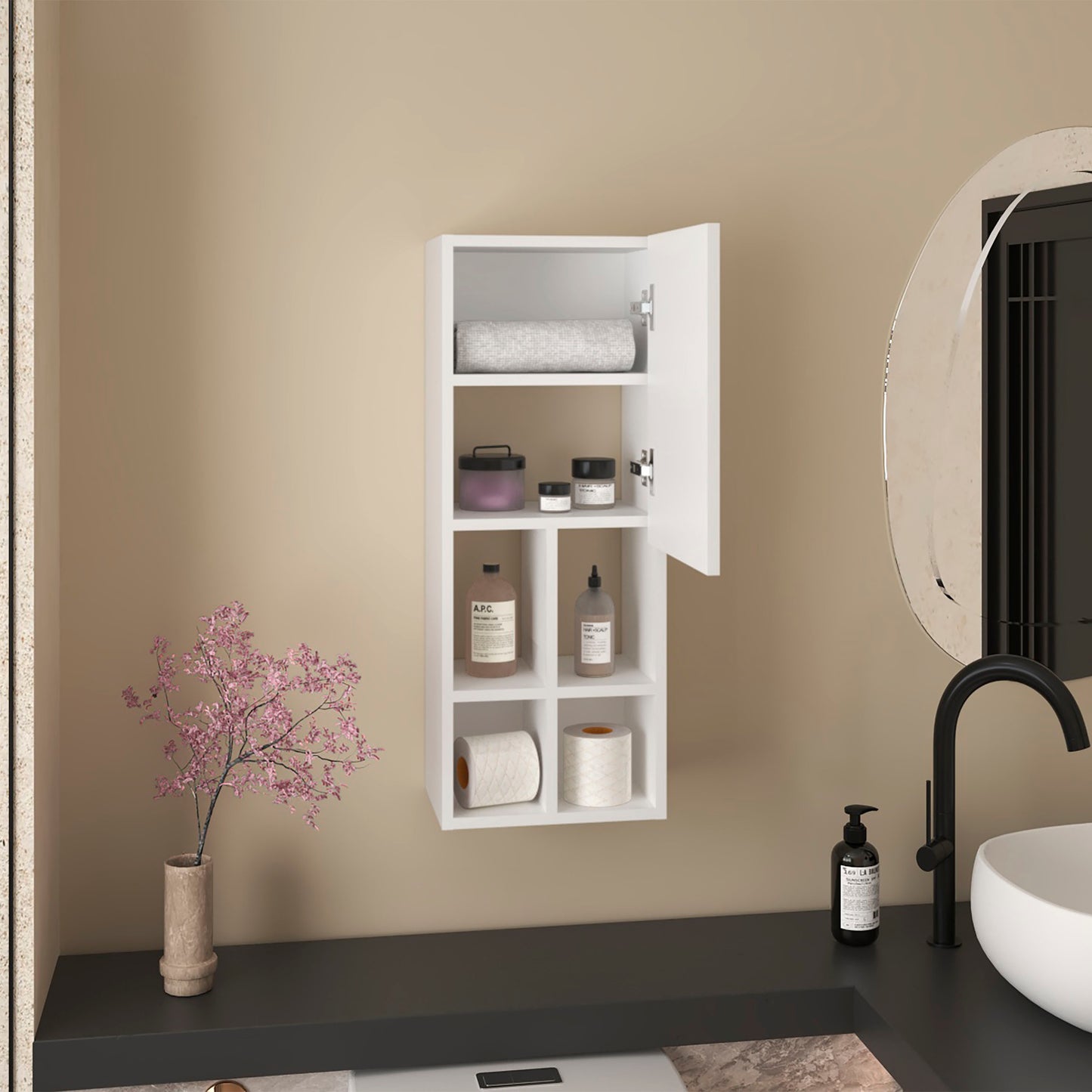 Niwot Wall Bathroom Cabinet, One Door, Organizer For Toiletries And Towels