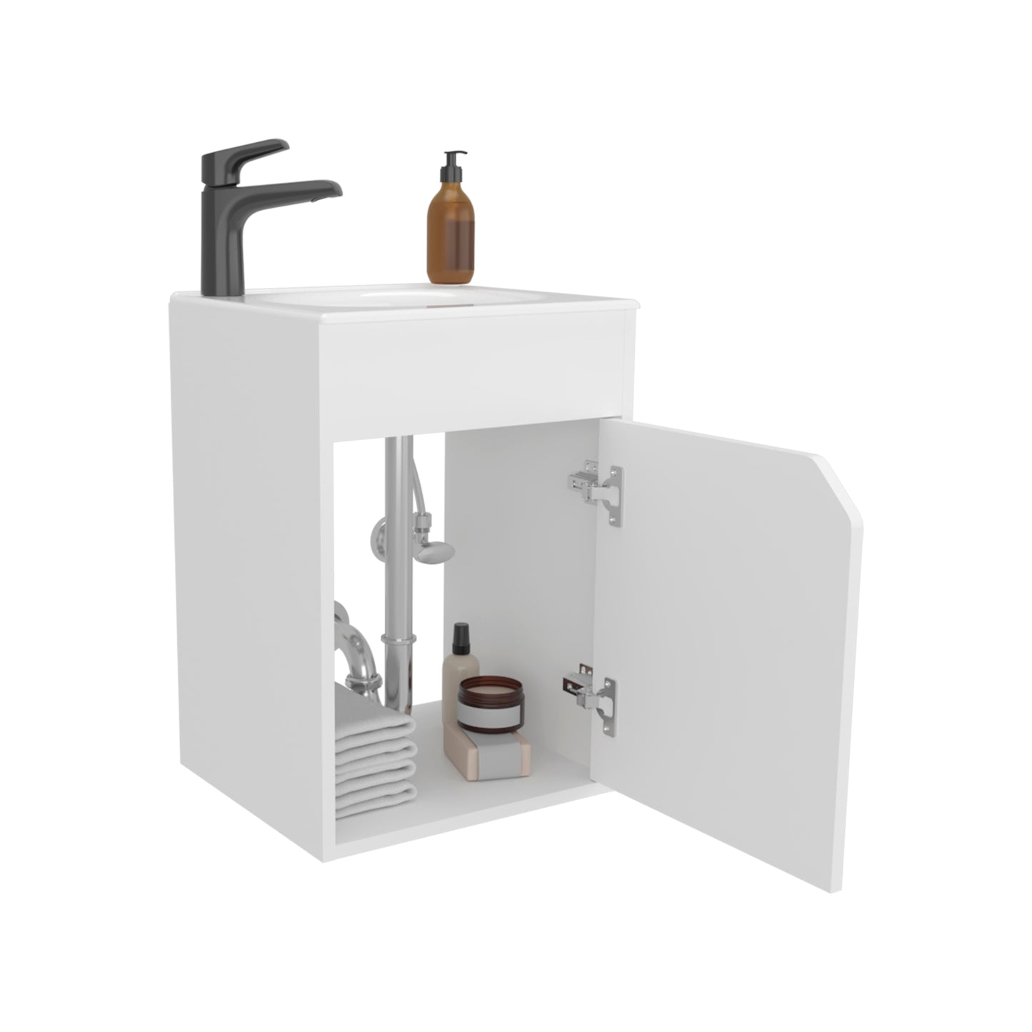 Bethel Floating Wide One-Door Vanity With Resin Sink And Two Shelves, Bathroom Storage