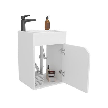 Bethel Floating Wide One-Door Vanity With Resin Sink And Two Shelves, Bathroom Storage