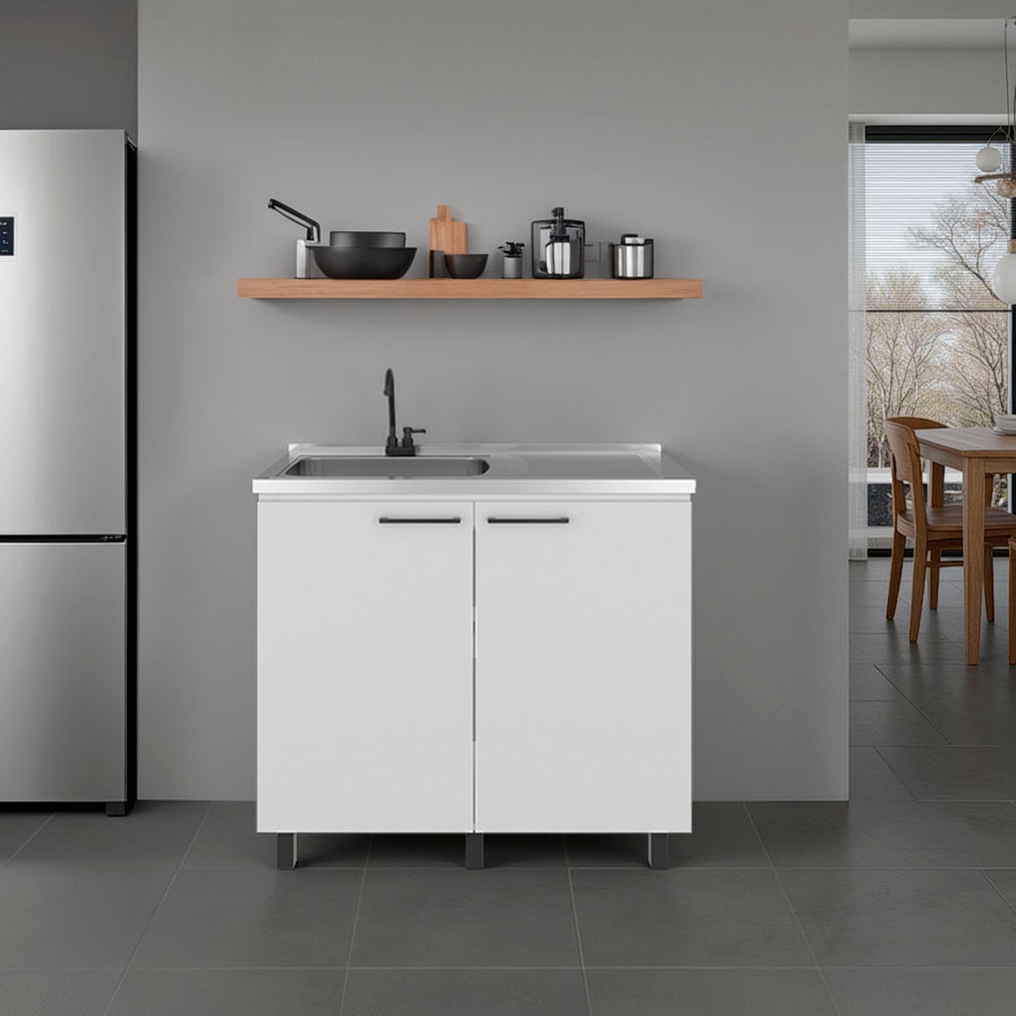 Modern White kitchen Utility Sink with Cabinet, Stainless Steel Counter Top and Faucet