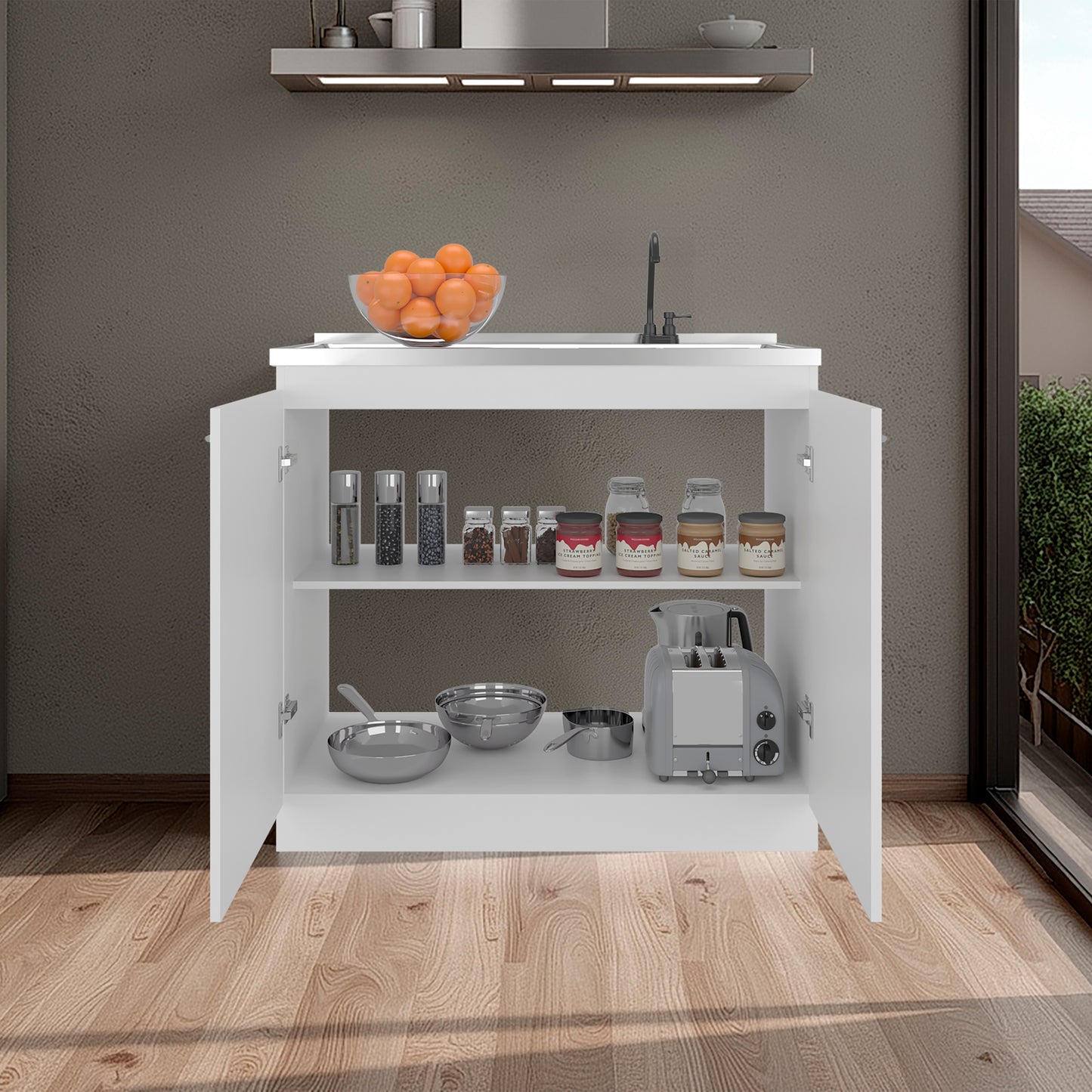 Napoles Utility Sink with Faucet Inclued and Integrated Steel Counter top and Basin, Freestanding cabinet with two doors, Metal Handles and Two interior shelves.