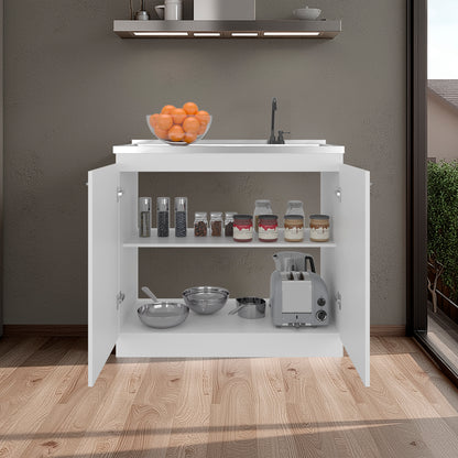 Napoles Utility Sink with Faucet Inclued and Integrated Steel Counter top and Basin, Freestanding cabinet with two doors, Metal Handles and Two interior shelves.