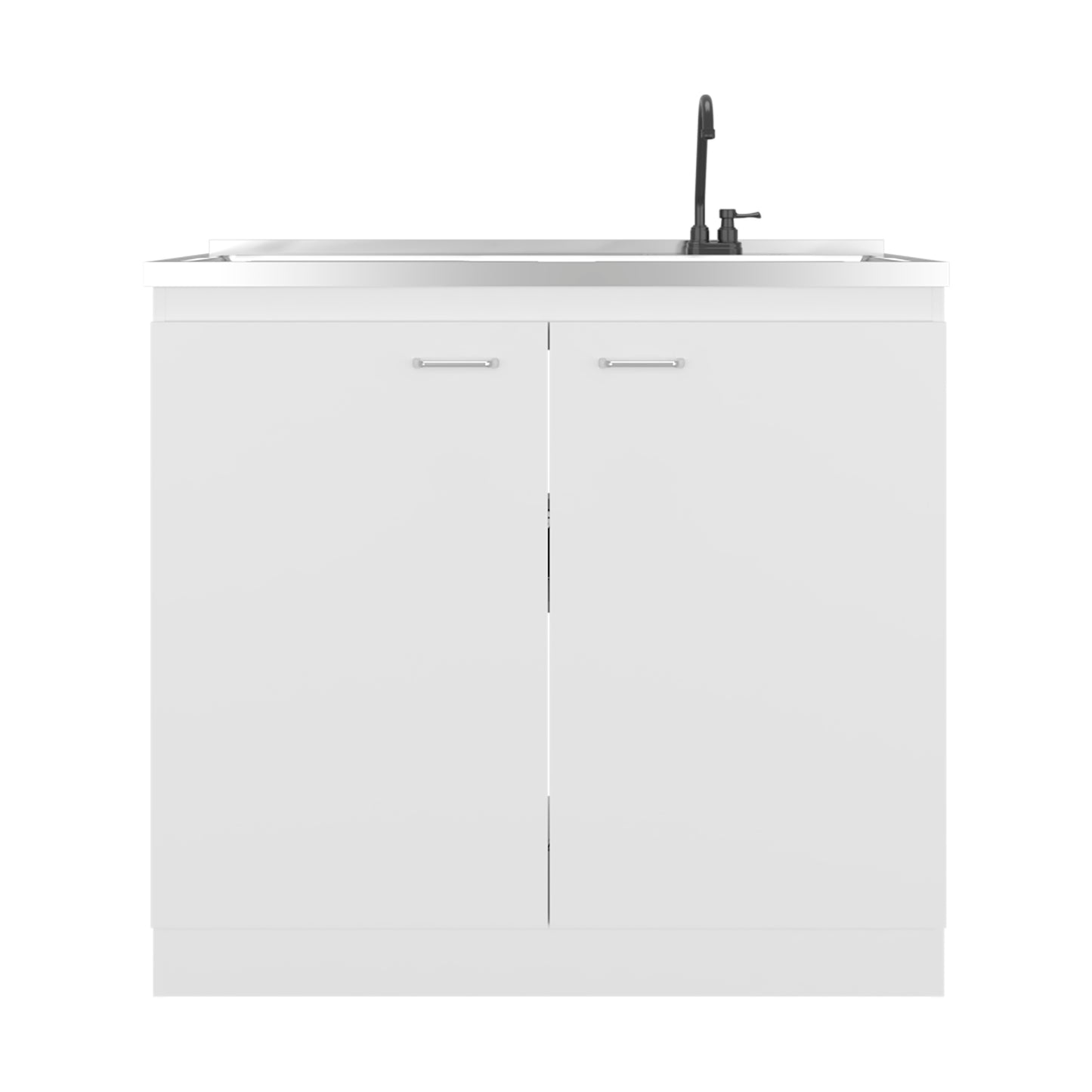 Napoles Utility Sink with Faucet Inclued and Integrated Steel Counter top, Freestanding cabinet with two doors, Metal Handles and Two interior shelves.