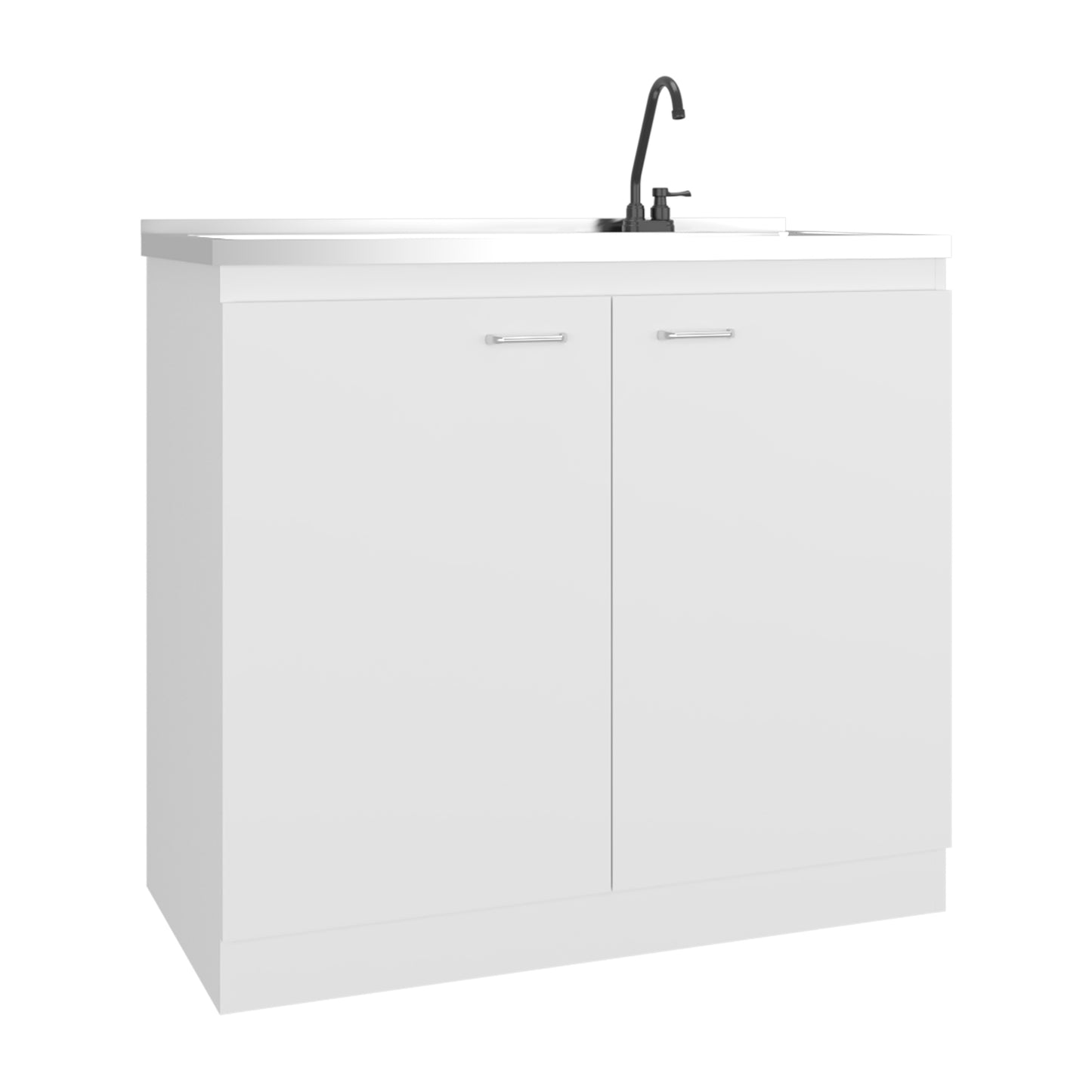 Napoles Utility Sink with Faucet Inclued and Integrated Steel Counter top, Freestanding cabinet with two doors, Metal Handles and Two interior shelves.