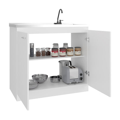 Napoles Utility Sink with Faucet Inclued and Integrated Steel Counter top, Freestanding cabinet with two doors, Metal Handles and Two interior shelves.