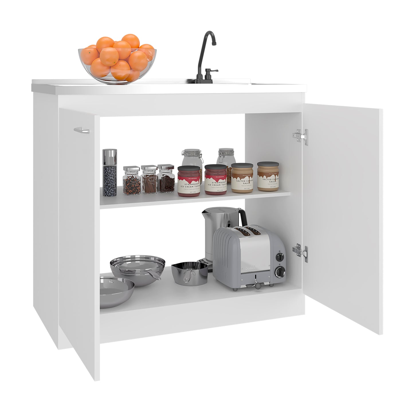 Napoles Utility Sink with Faucet Inclued and Integrated Steel Counter top and Basin, Freestanding cabinet with two doors, Metal Handles and Two interior shelves.