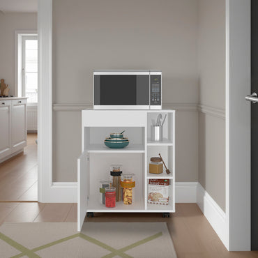 Kaito Microwave Cart and Cabinet, Freestanding Compact Sideboard with One Door Cabinet, Appliance Surface, Three Side Open Shelves and One Open Upper Shelf