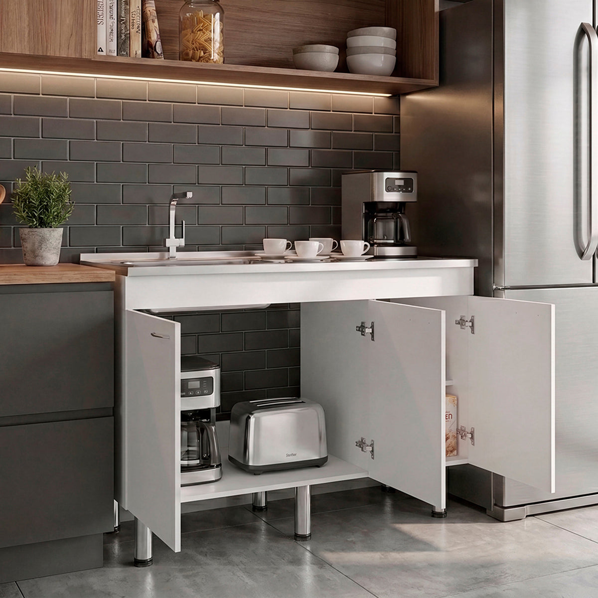 Oceana Base Utility Sink with Stainless Steel Sink and 3-Doo - White