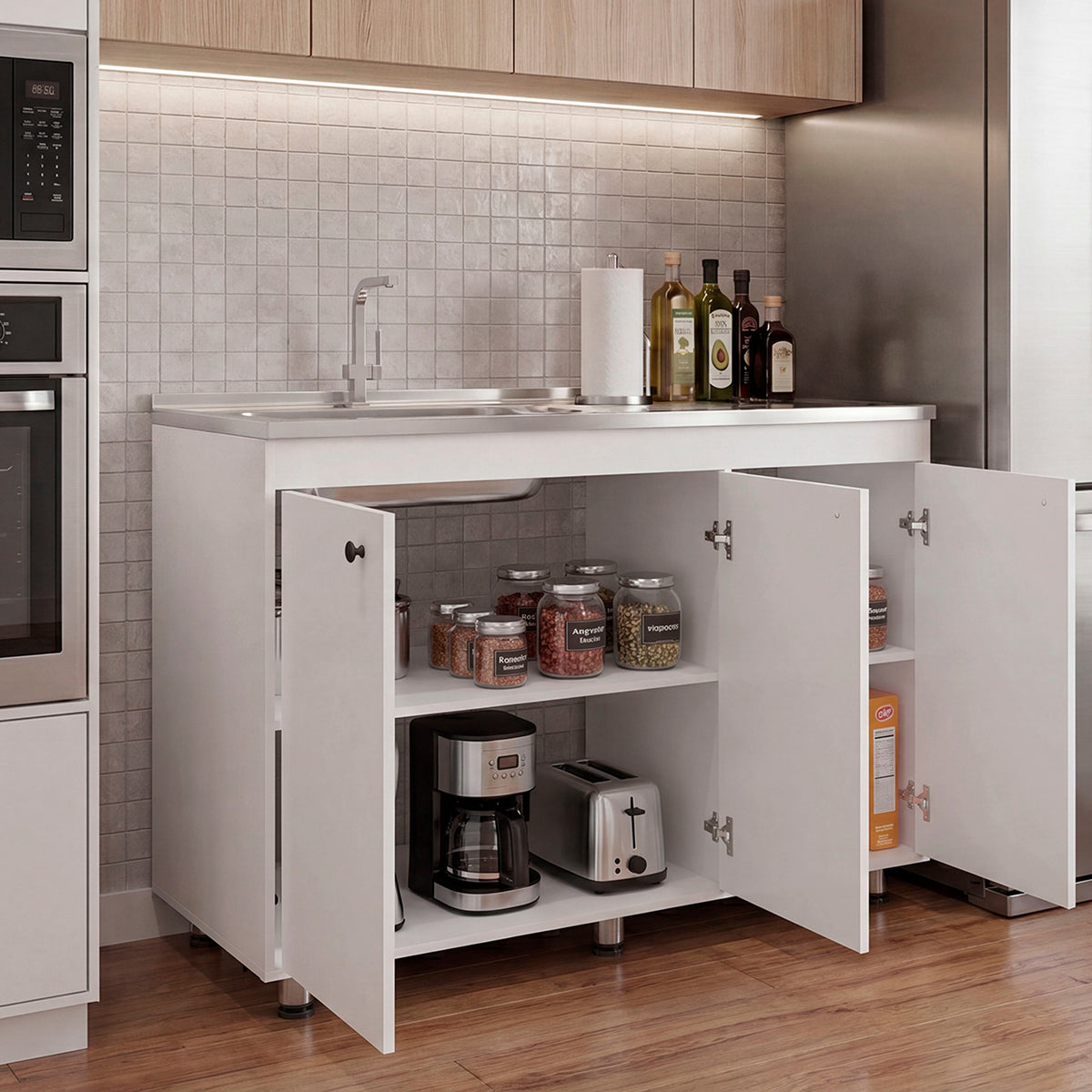 Napoleon Base Utility Sink Cabinet with Stainless Steel Coun - White