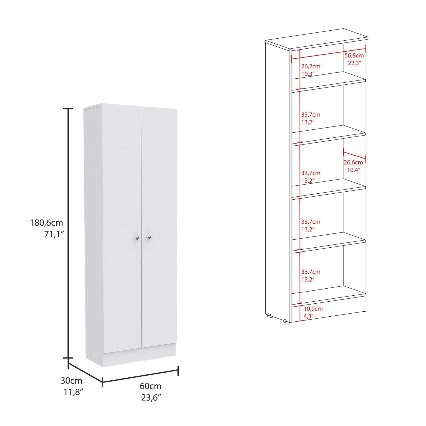 Lombardi Tall Cabinet with Five Drawers, Kitchen Pantry