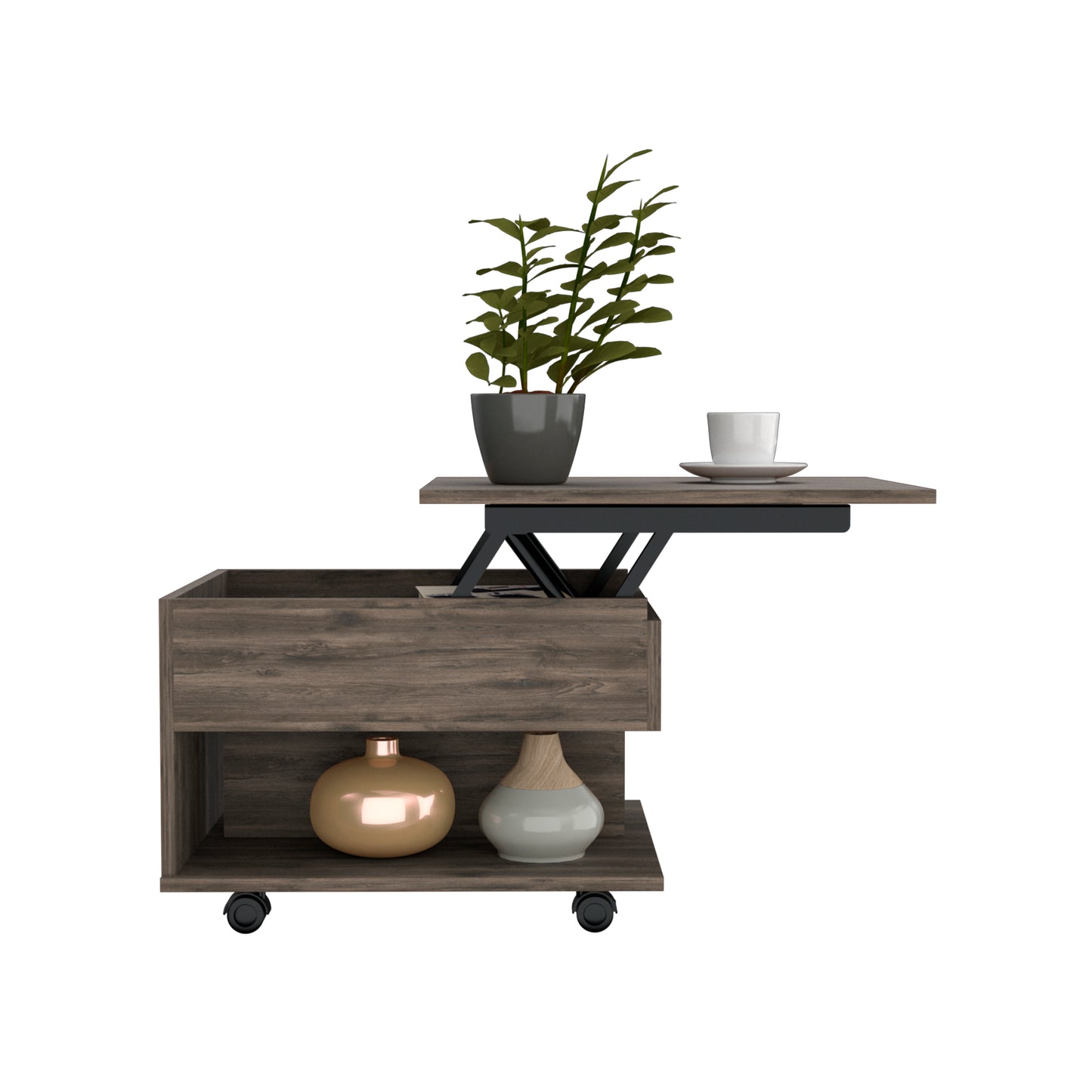 Luanda Lift-Top Coffee Table with Concealed Storage Compartment, Lower Open Shelf, Smooth-Lifting Mechanism and Locking Casters for Mobile Living Room Convenience, Modern Organization and Versatile Everyday Functionality