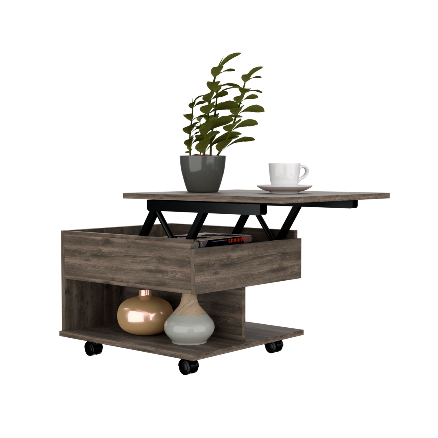 Luanda Lift-Top Coffee Table with Concealed Storage Compartment, Lower Open Shelf, Smooth-Lifting Mechanism and Locking Casters for Mobile Living Room Convenience, Modern Organization and Versatile Everyday Functionality