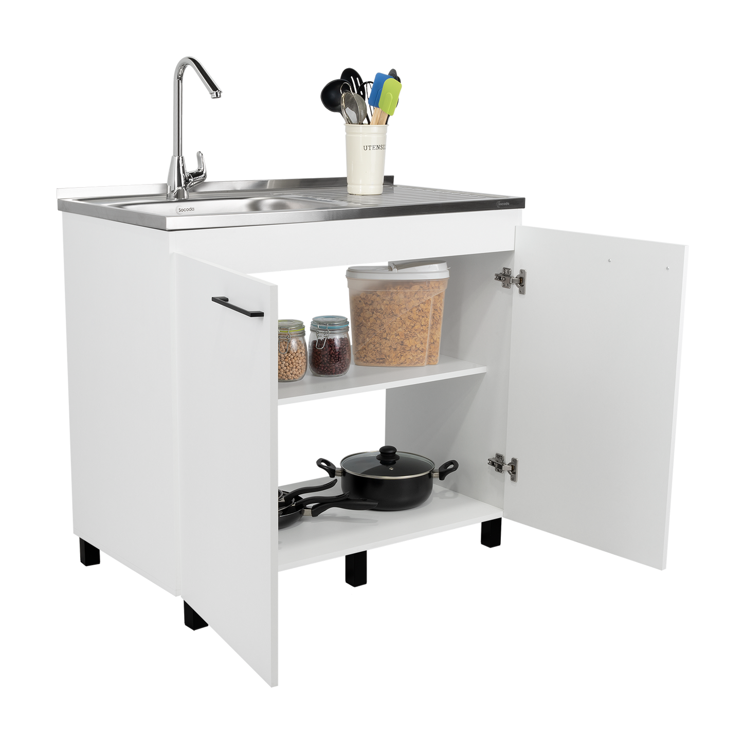 Napoles Utility Sink with Cabinet, Stainless Steel Countertop, Interior Shelf and four legs for Kitchen, Laundry room, Coffe Station