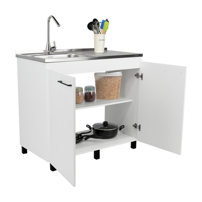 Napoles Utility Sink with Cabinet, Stainless Steel Countertop, Interior Shelf and four legs for Kitchen, Laundry room, Coffe Station