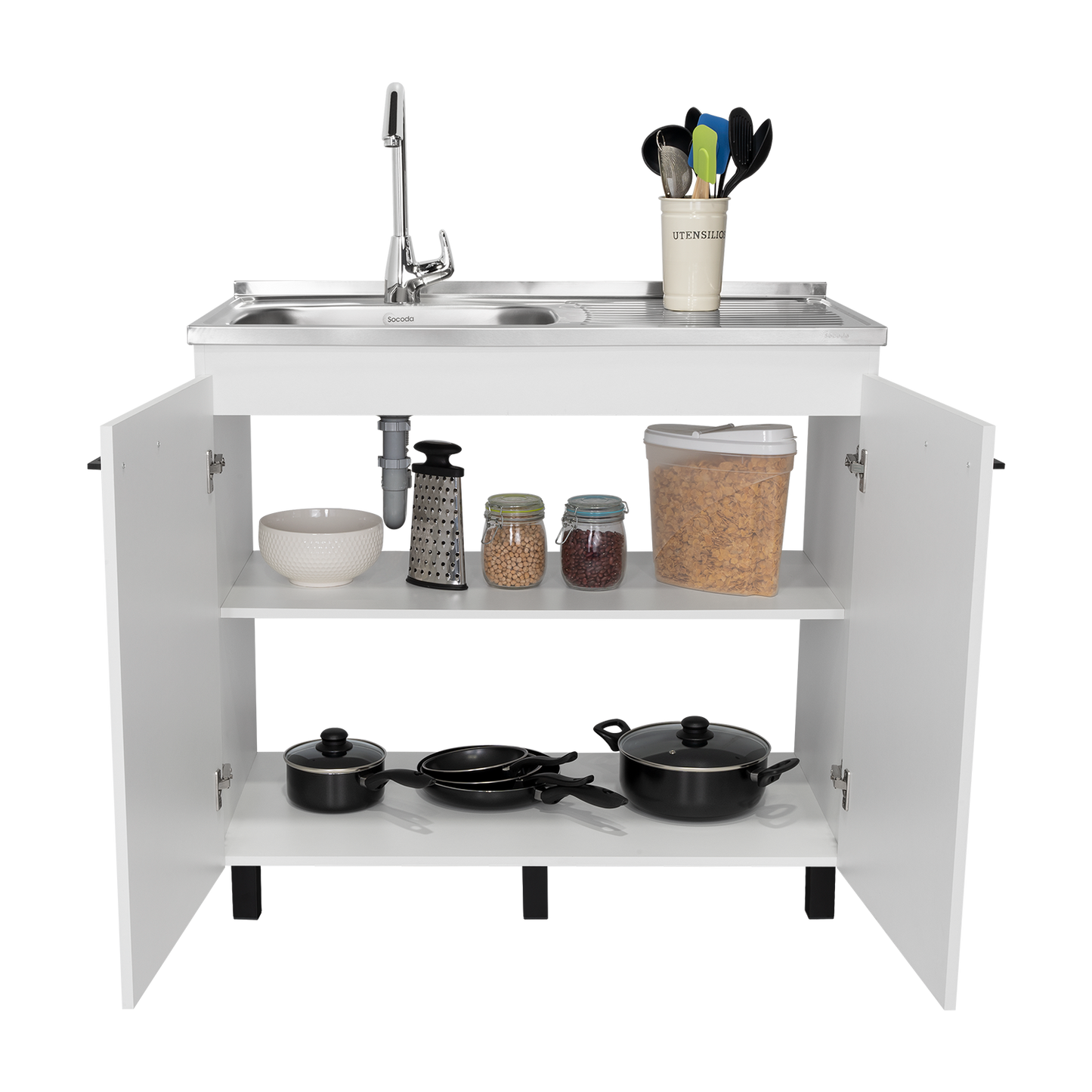 Napoles Utility Sink with Cabinet, Stainless Steel Countertop, Interior Shelf and four legs for Kitchen, Laundry room, Coffe Station