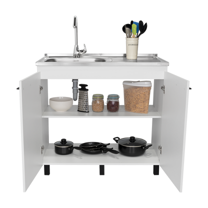 Napoles Utility Sink with Cabinet, Stainless Steel Countertop, Interior Shelf and four legs for Kitchen, Laundry room, Coffe Station