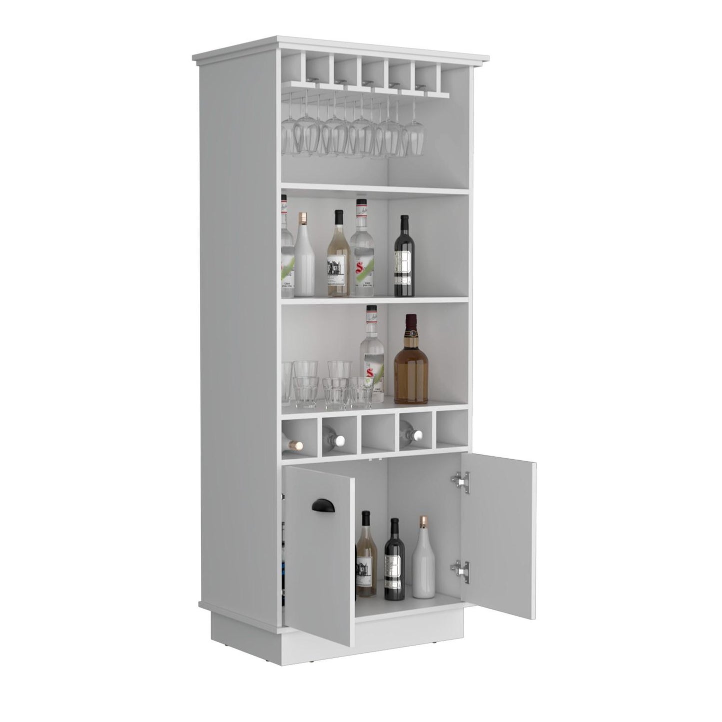 Dundee 70-Inch High 10-Glass Bar Cabinet With 5 Cubbies And 3 Open Shelves And Cabinet