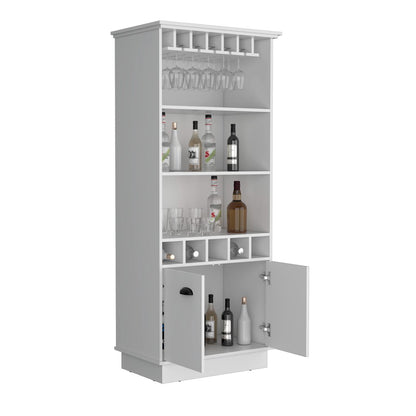 Dundee 70-Inch High 10-Glass Bar Cabinet With 5 Cubbies And 3 Open Shelves And Cabinet
